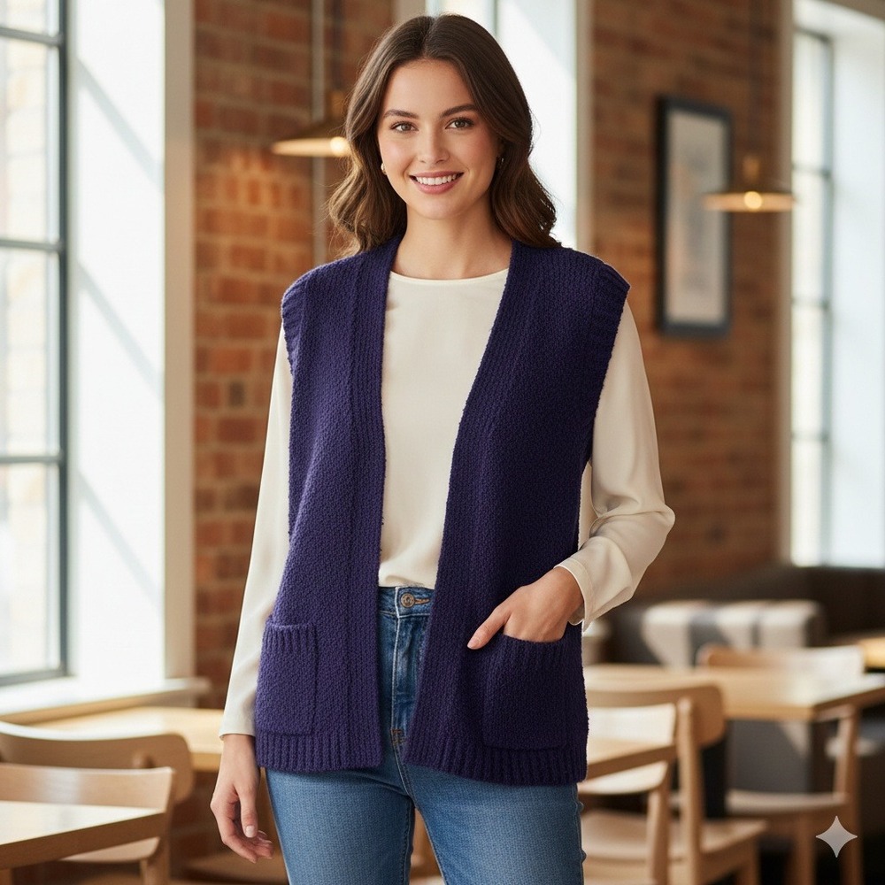 LeRoy Knitwear Womens Navy‎ Blue Bouclé Textured Sweater Vest Pockets - Size M